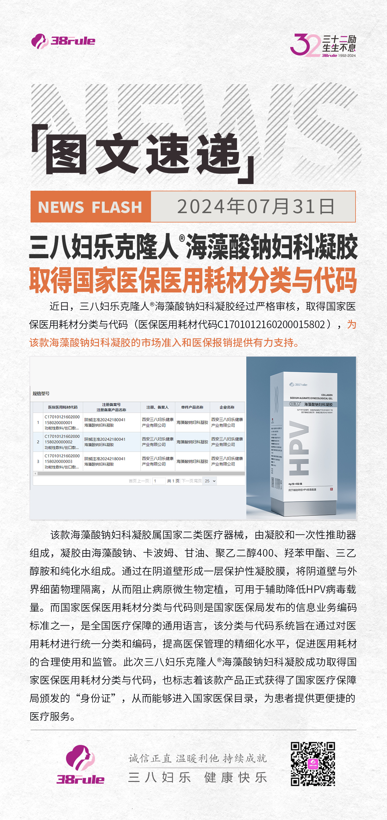 三八妇乐克隆人®海藻酸钠妇科凝胶取得国家医保医用耗材分类与代码